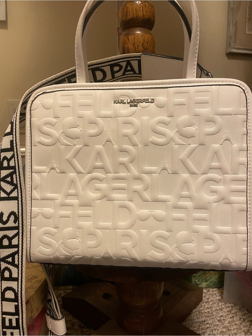 Karl Lagerfeld White Embossed Logo Crossbody Bag with Branded Strap